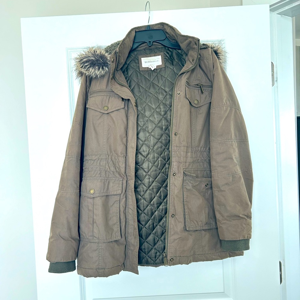 Women’s BCBGeneration Army Green Fur Hooded Coat - Size M